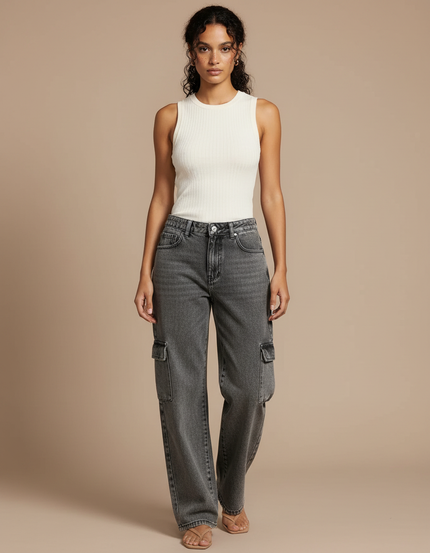 Pantalon Gris Cargo Taille Haute Ample Femme Y2K - Jean
