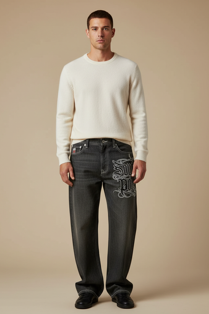 Pantalon Gris Ample Brodé Hip Hop Décontracté Homme - Jean