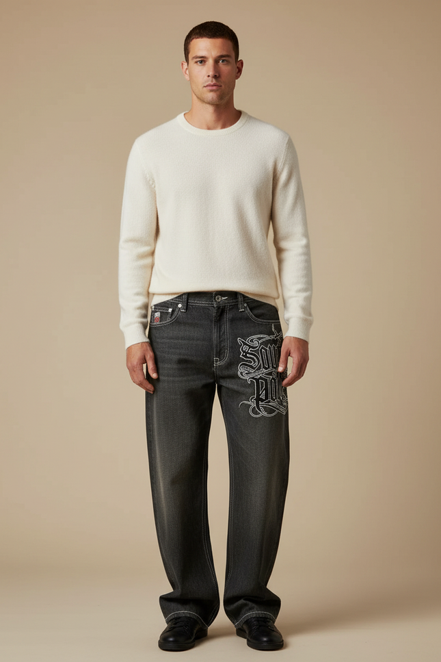 Pantalon Gris Ample Brodé Hip Hop Décontracté Homme - Jean