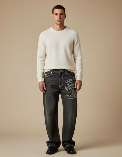 Pantalon Gris Ample Brodé Hip Hop Décontracté Homme - Jean