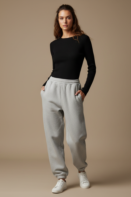 Pantalon Gris Jogger Molletonné Ample Décontracté Femme