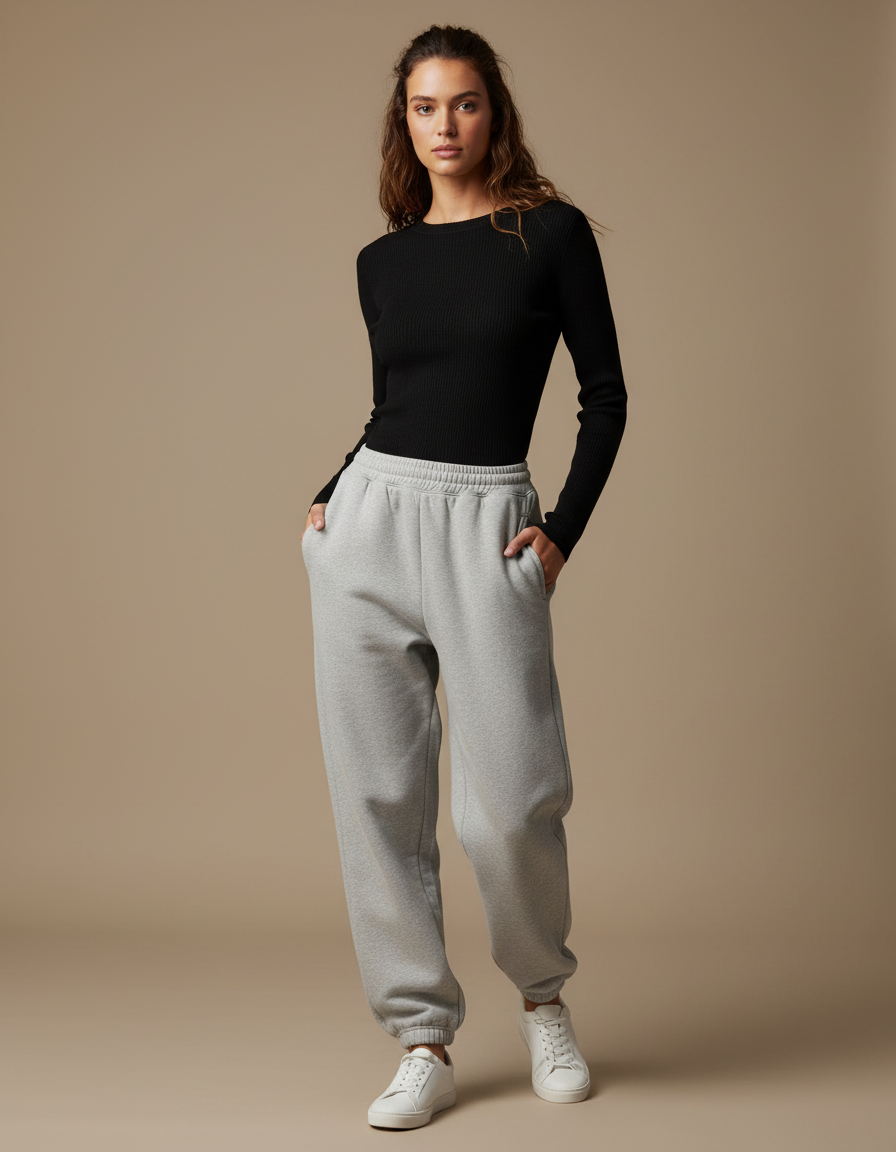 Pantalon Gris Jogger Molletonné Ample Décontracté Femme