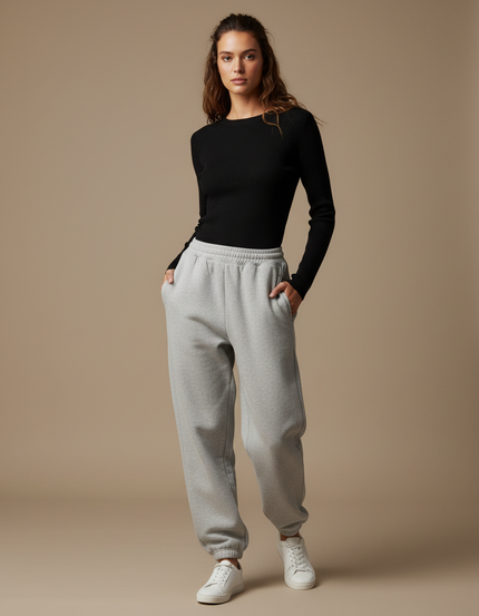 Pantalon Gris Jogger Molletonné Ample Décontracté Femme
