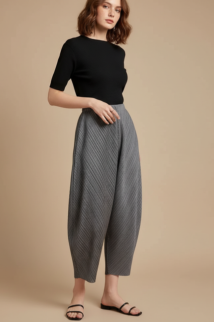 Pantalon Gris Plissé Ample Décontracté Fluide Femme - Polyester