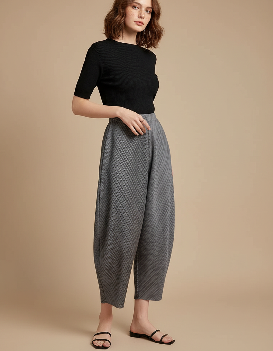 Pantalon Gris Plissé Ample Décontracté Fluide Femme - Polyester