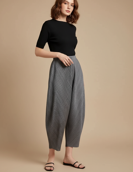 Pantalon Gris Plissé Ample Décontracté Fluide Femme - Polyester