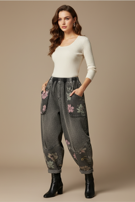 Pantalon Gris Jean Harem Imprimé Floral Décontracté