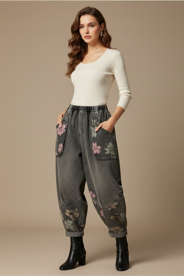 Pantalon Gris Jean Harem Imprimé Floral Décontracté