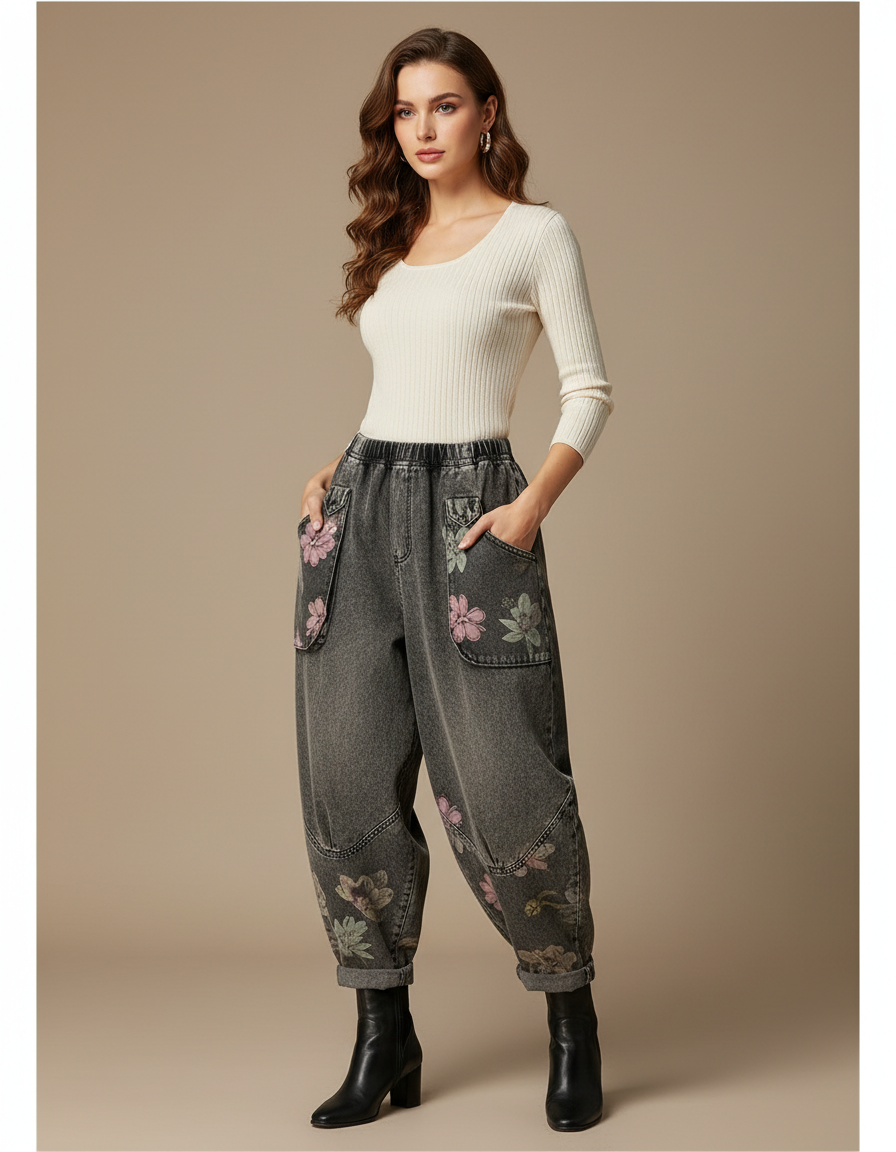Pantalon Gris Jean Harem Imprimé Floral Décontracté