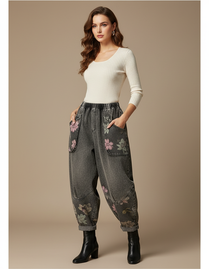 Pantalon Gris Jean Harem Imprimé Floral Décontracté