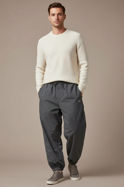 Pantalon Gris Décontracté Ample Coupe Droite Sport - Polyester