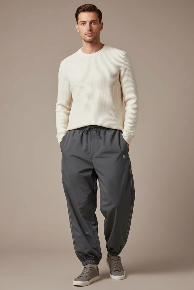 Pantalon Gris Décontracté Ample Coupe Droite Sport - Polyester