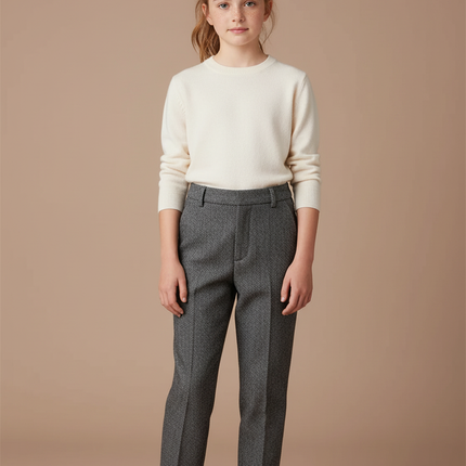 Pantalon Gris Droit Laine Mélange Enfant Elégant - Tweed