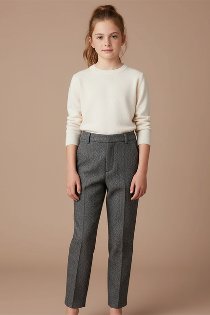 Pantalon Gris Droit Laine Mélange Enfant Elégant - Tweed