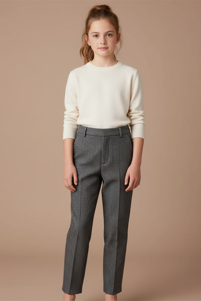 Pantalon Gris Droit Laine Mélange Enfant Elégant - Tweed
