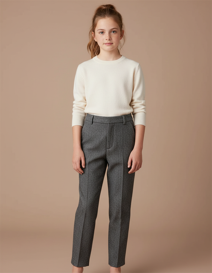 Pantalon Gris Droit Laine Mélange Enfant Elégant - Tweed