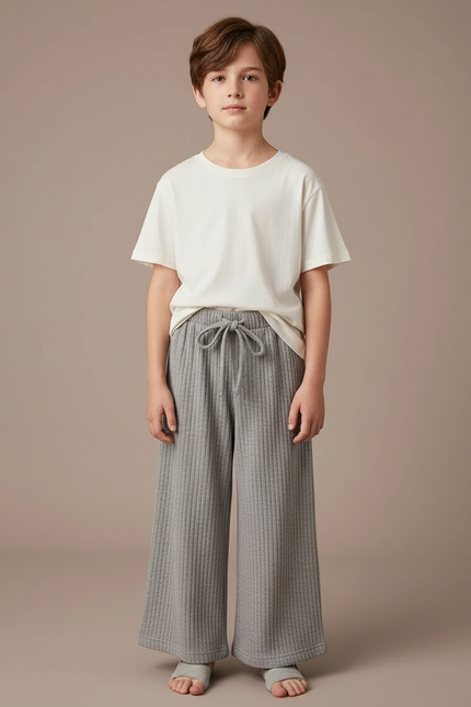 Pantalon Gris Côtelé Large Décontracté Enfant - Maille