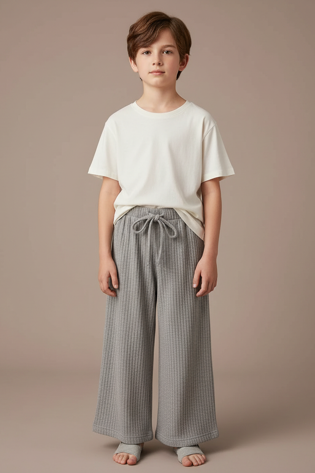 Pantalon Gris Côtelé Large Décontracté Enfant - Maille