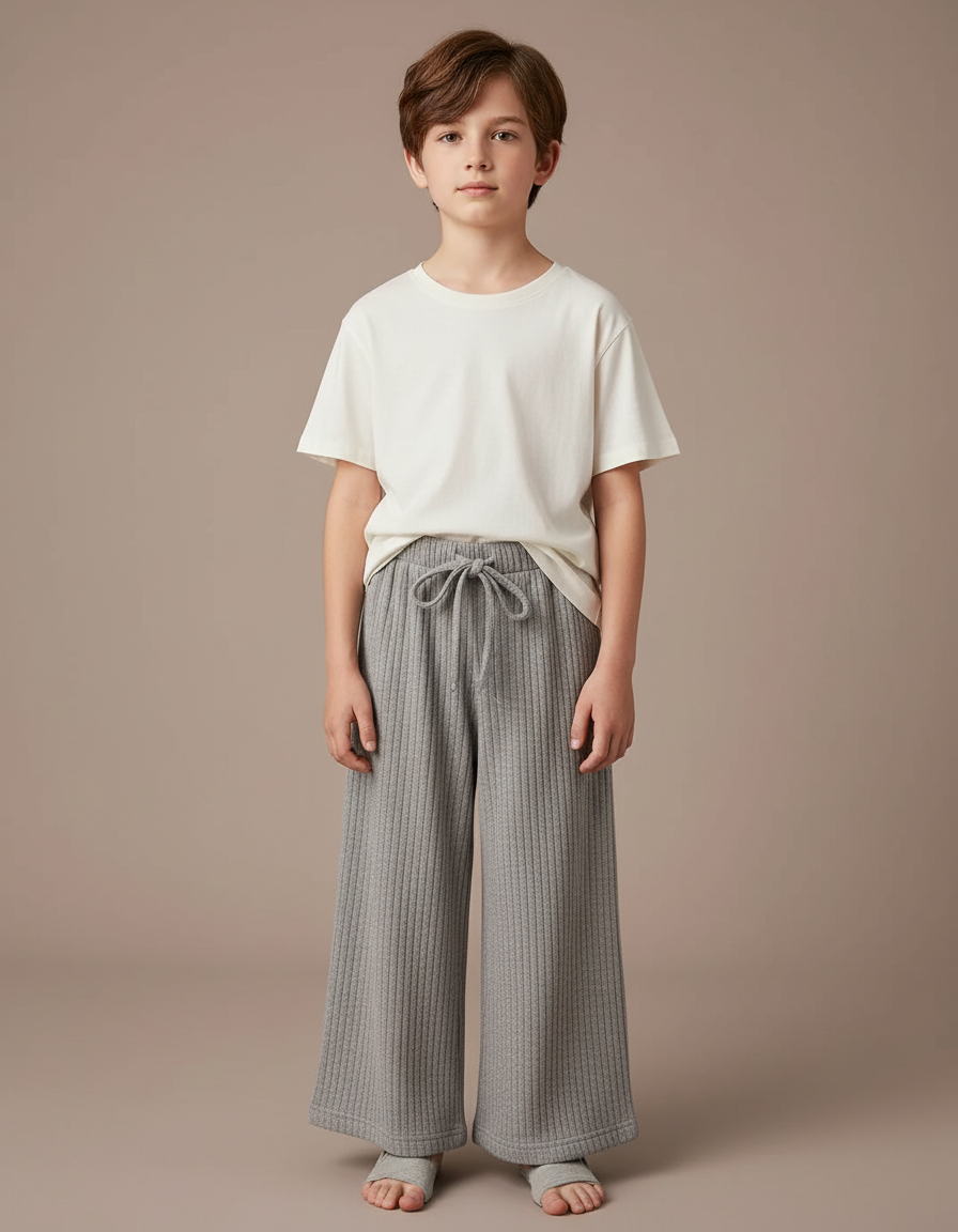 Pantalon Gris Côtelé Large Décontracté Enfant - Maille