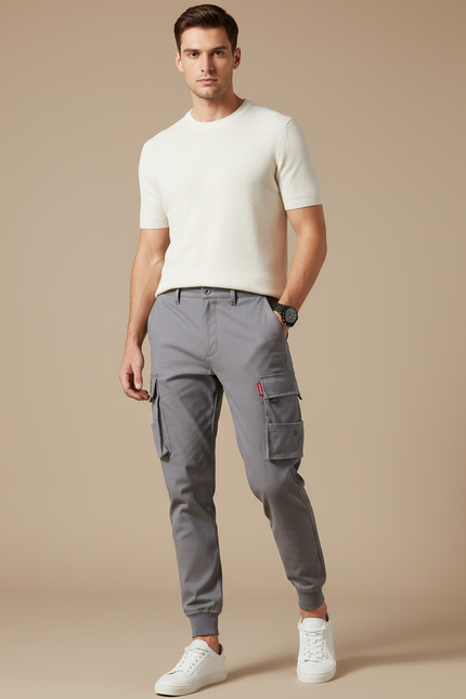 Pantalon Gris Cargo Décontracté Multi-poches Homme Jogger - Gabardine