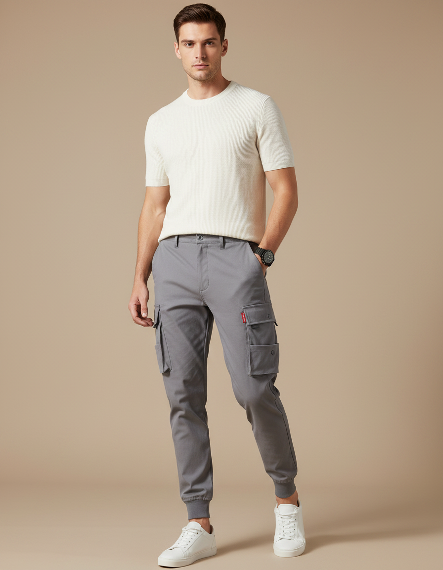 Pantalon Gris Cargo Décontracté Multi-poches Homme Jogger - Gabardine