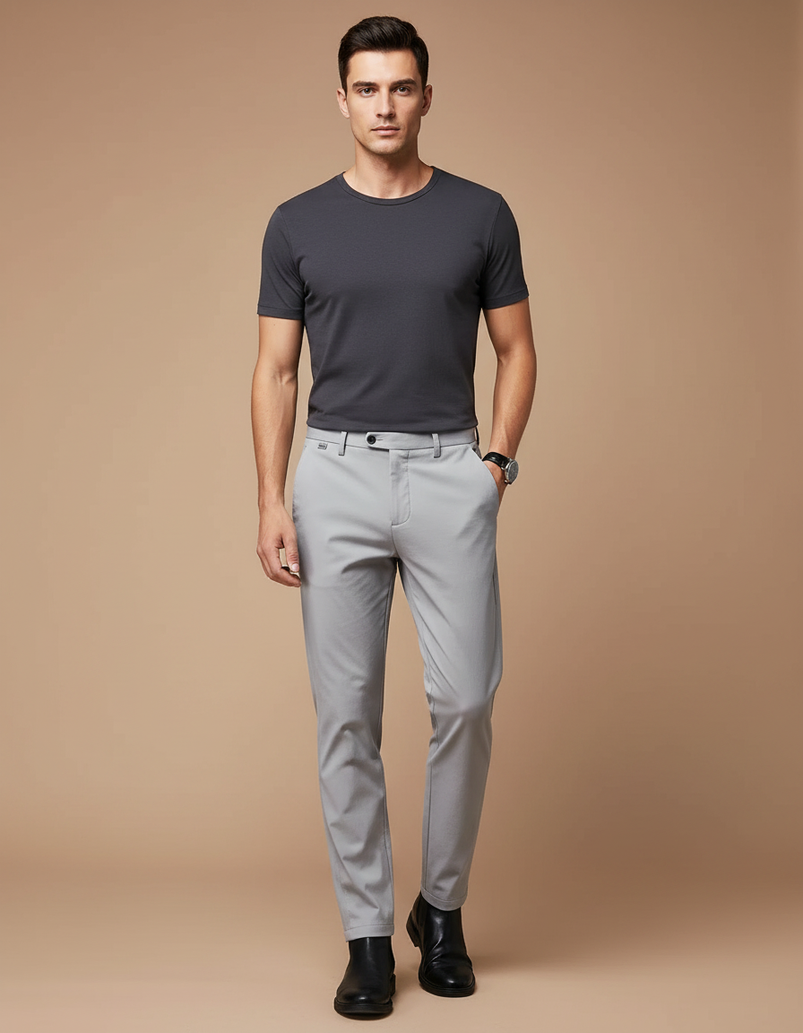 Pantalon Gris Slim Fit Décontracté Homme Stretch Droit - Polyester