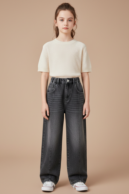 Pantalon Gris Denim Ample Large Décontracté Fille - Jean