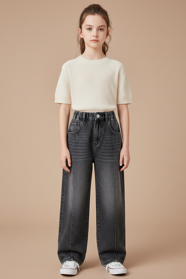 Pantalon Gris Denim Ample Large Décontracté Fille - Jean