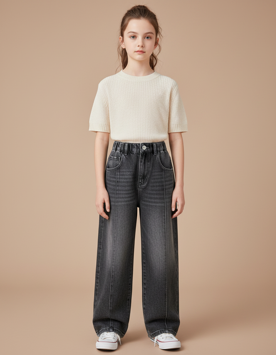 Pantalon Gris Denim Ample Large Décontracté Fille - Jean