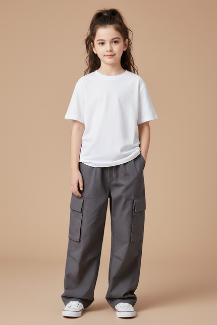 Pantalon Gris Cargo Ample Enfant Fille Décontracté - Toile