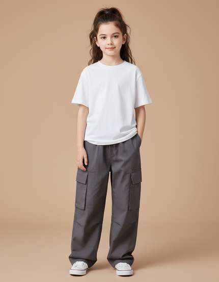Pantalon Gris Cargo Ample Enfant Fille Décontracté - Toile