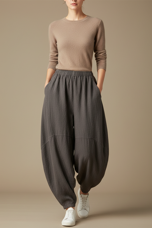 Pantalon Gris Lin Coton Ample Décontracté Femme