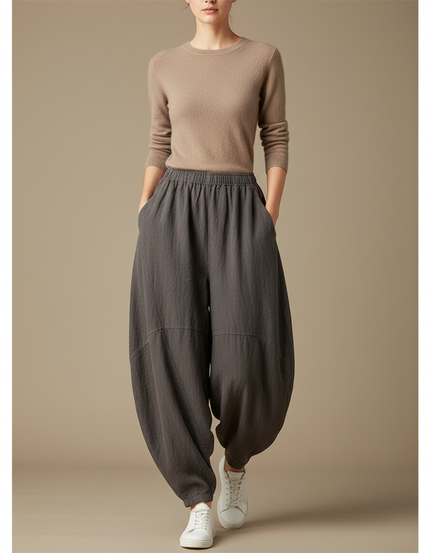 Pantalon Gris Lin Coton Ample Décontracté Femme
