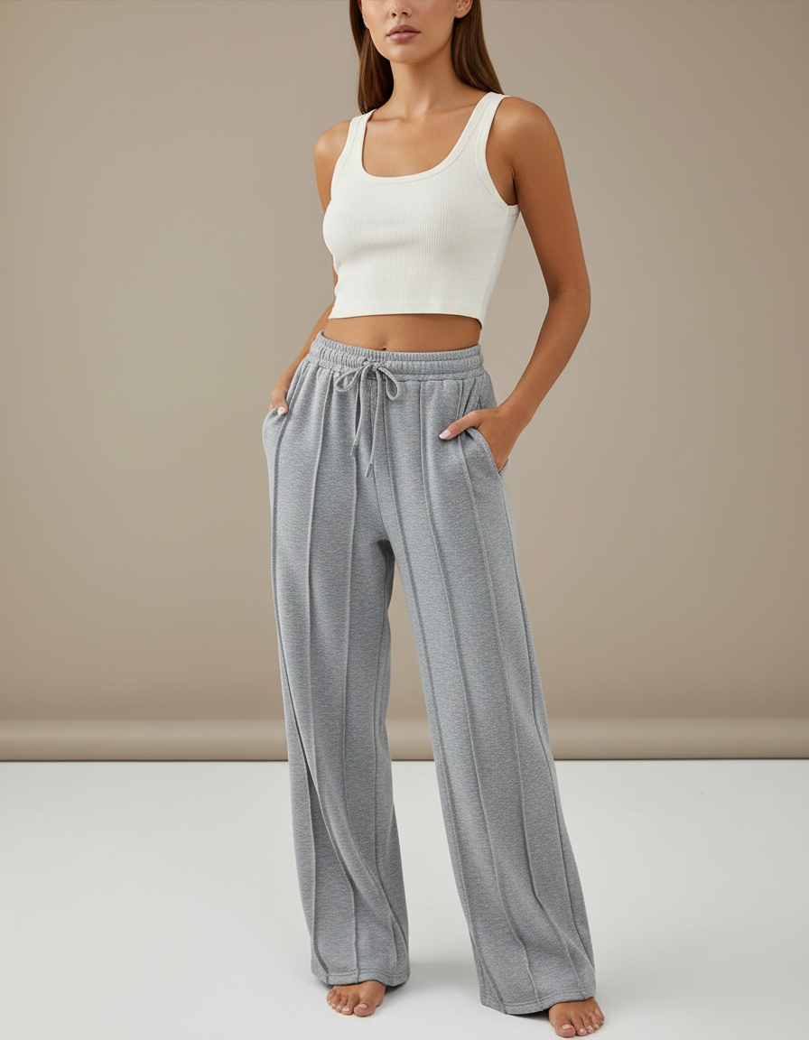 Pantalon Gris Ample Décontracté Molletonné Droit Femme