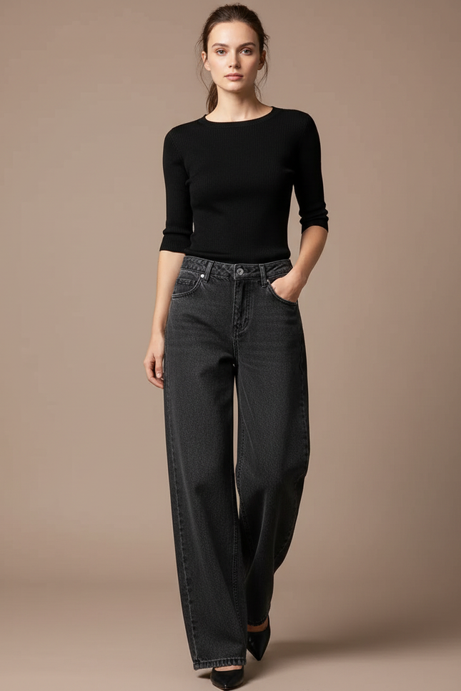 Pantalon Gris Jean Large Délavé Taille Haute Femme Y2K