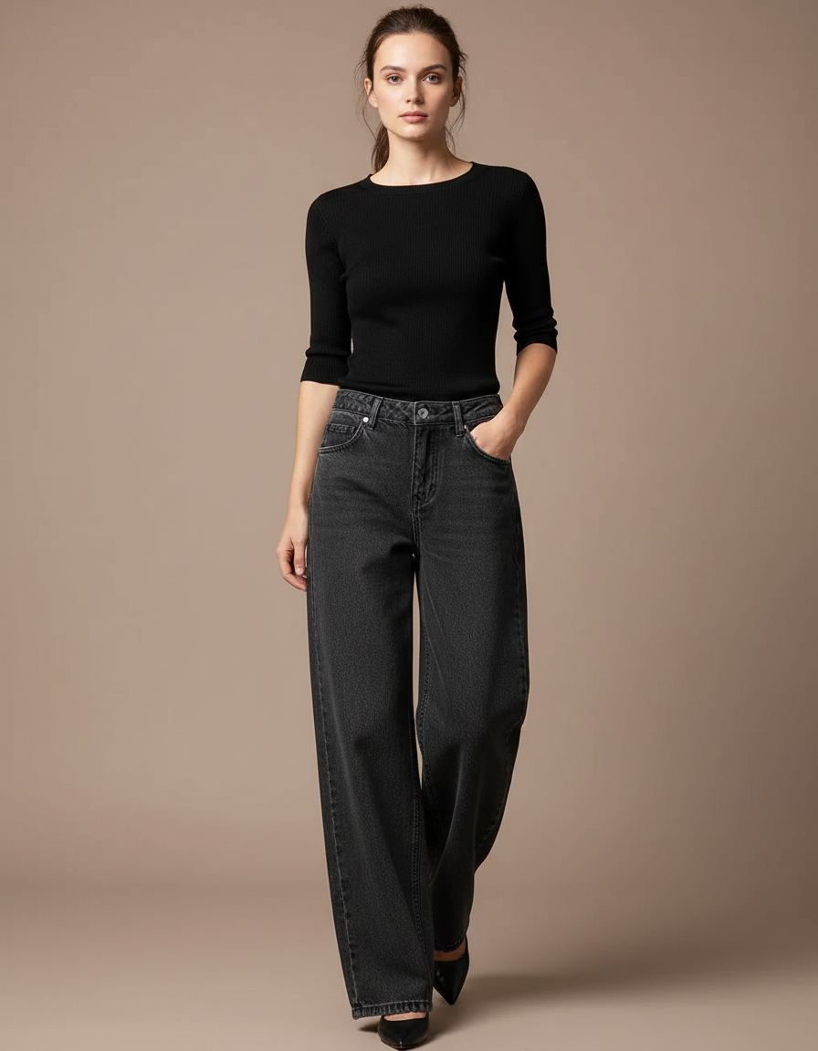 Pantalon Gris Jean Large Délavé Taille Haute Femme Y2K