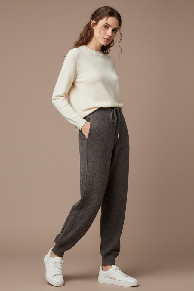 Pantalon Gris Cachemire Ample Décontracté Cordon Femme - Laine