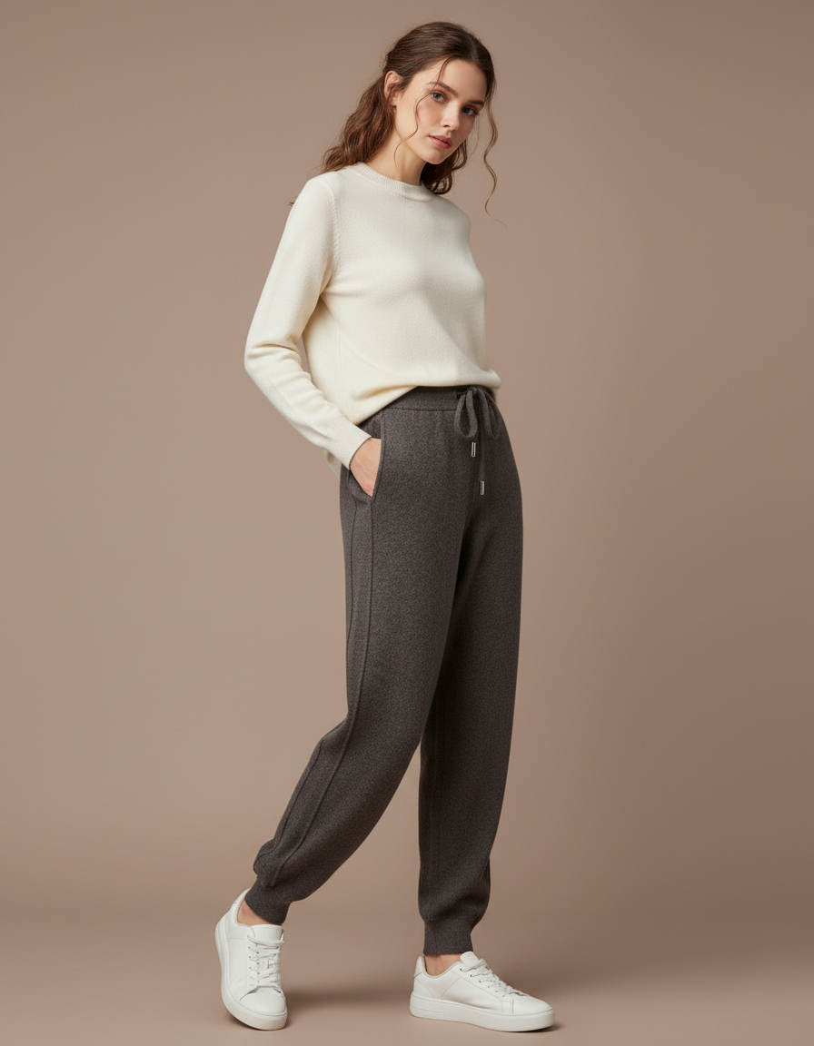 Pantalon Gris Cachemire Ample Décontracté Cordon Femme - Laine