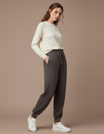 Pantalon Gris Cachemire Ample Décontracté Cordon Femme - Laine