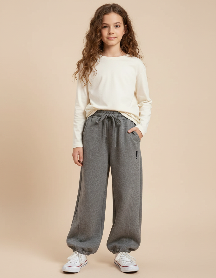 Pantalon Gris Ample Décontracté Confortable Molleton Fille