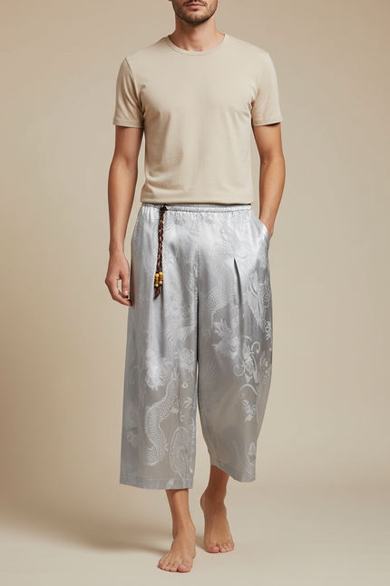 Pantalon Gris Satiné Dragon Ample Homme Décontracté