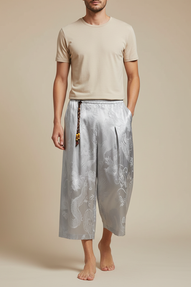 Pantalon Gris Satiné Dragon Ample Homme Décontracté
