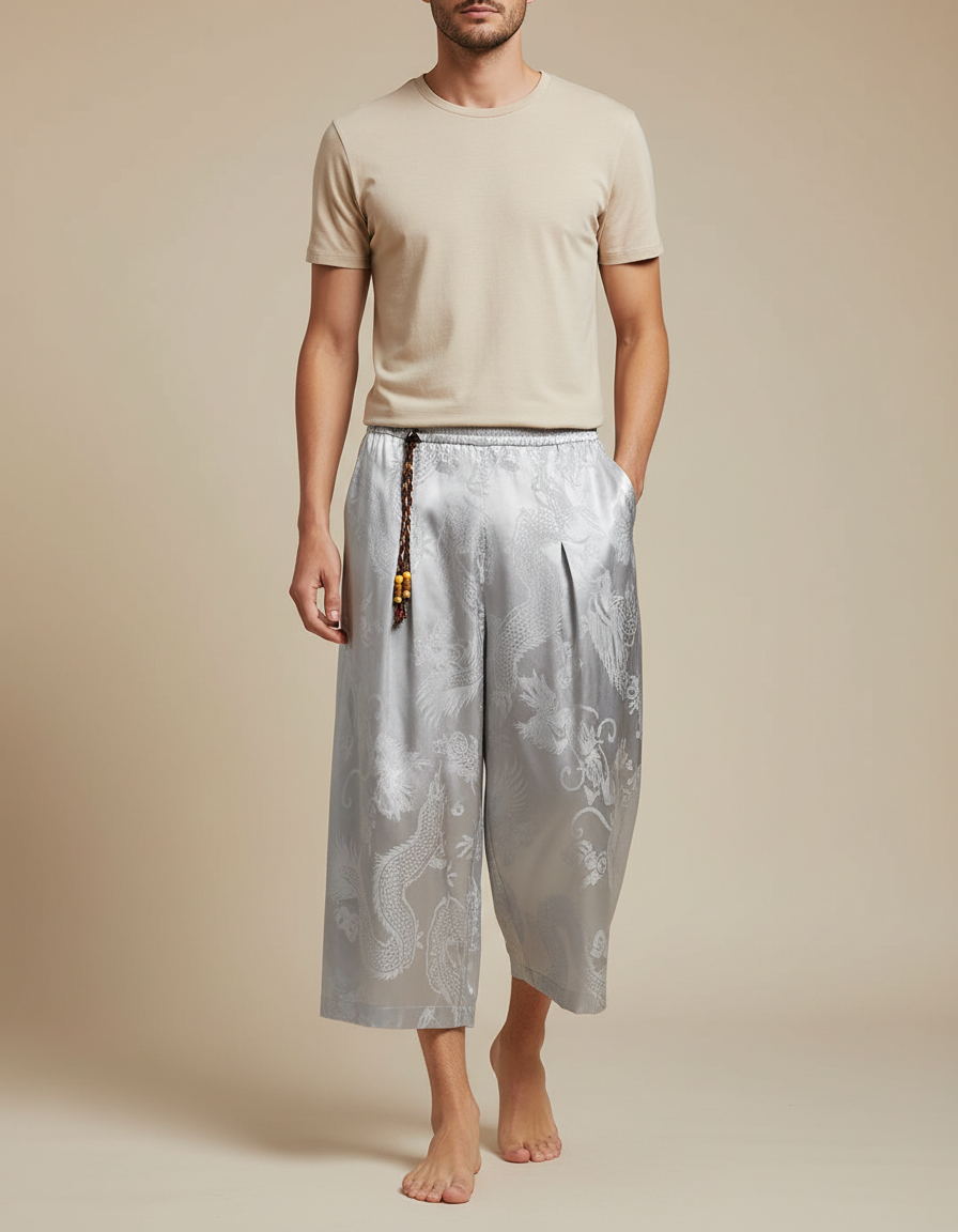 Pantalon Gris Satiné Dragon Ample Homme Décontracté