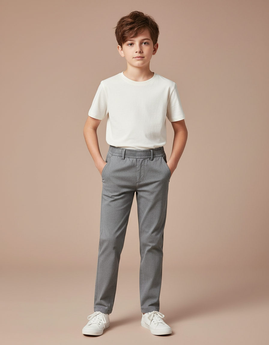 Pantalon Gris Droit Décontracté Garçon Élastique - Gabardine