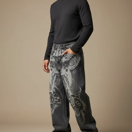 Pantalon Gris Imprimé Ample Décontracté Homme Y2K - Jean