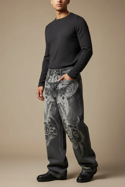 Pantalon Gris Imprimé Ample Décontracté Homme Y2K - Jean