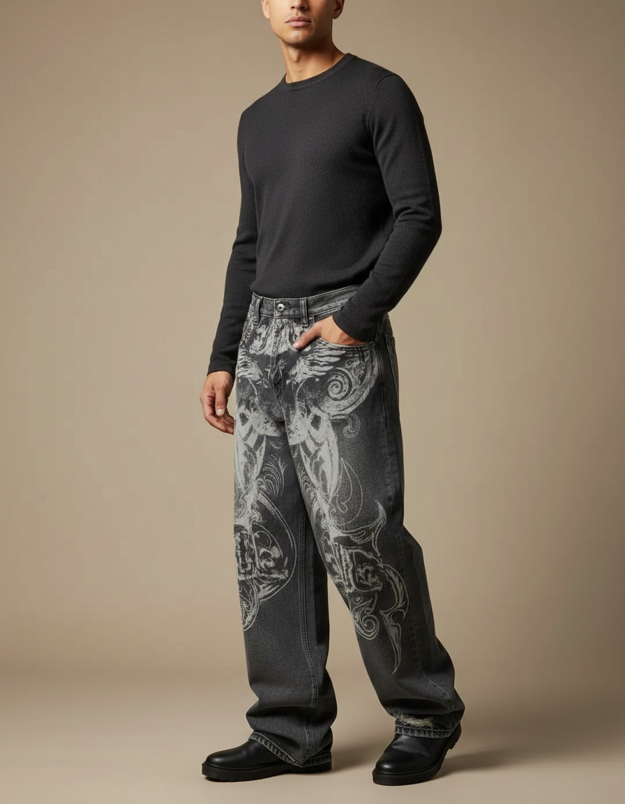 Pantalon Gris Imprimé Ample Décontracté Homme Y2K - Jean