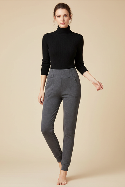 Pantalon Gris Côtelé Taille Haute Chevilles Resserrées - Molleton