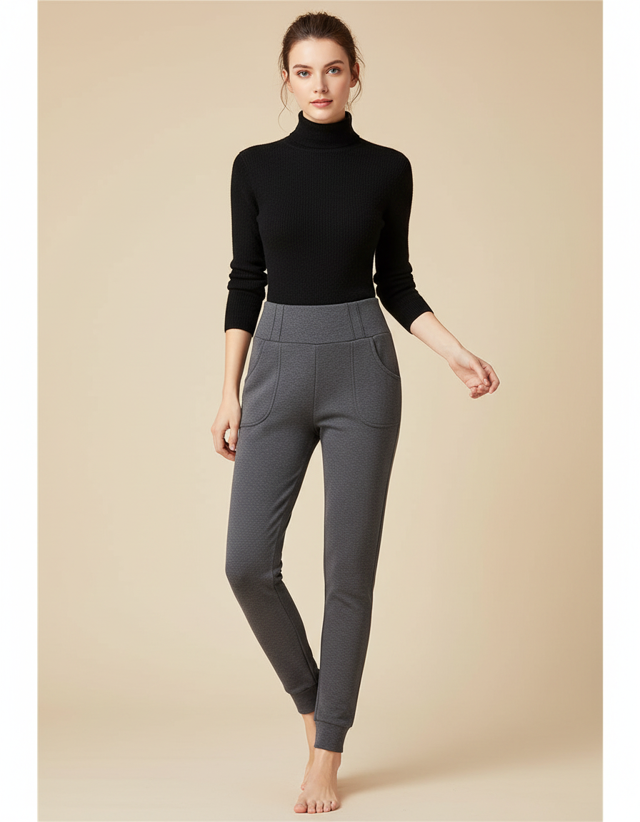 Pantalon Gris Côtelé Taille Haute Chevilles Resserrées - Molleton