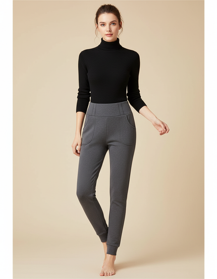 Pantalon Gris Côtelé Taille Haute Chevilles Resserrées - Molleton